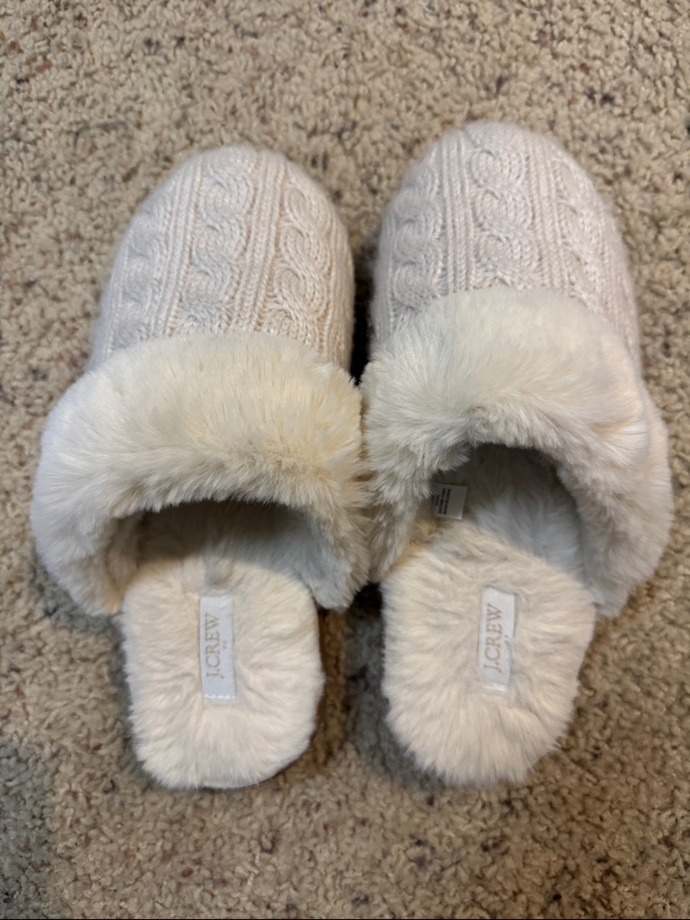J. Crew Cream Cable-Knit Faux Fur Slip-Ons